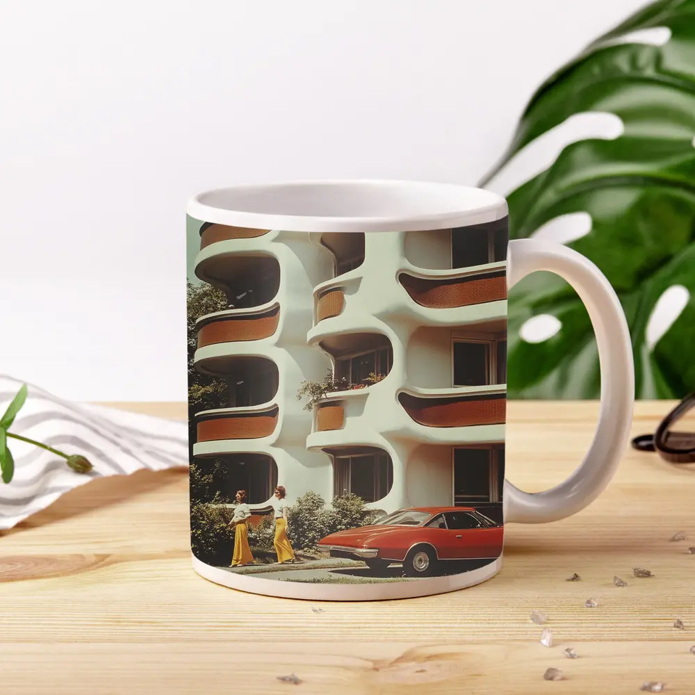 Retro Seventies Curved Architecture Red Sports Car – Mugs