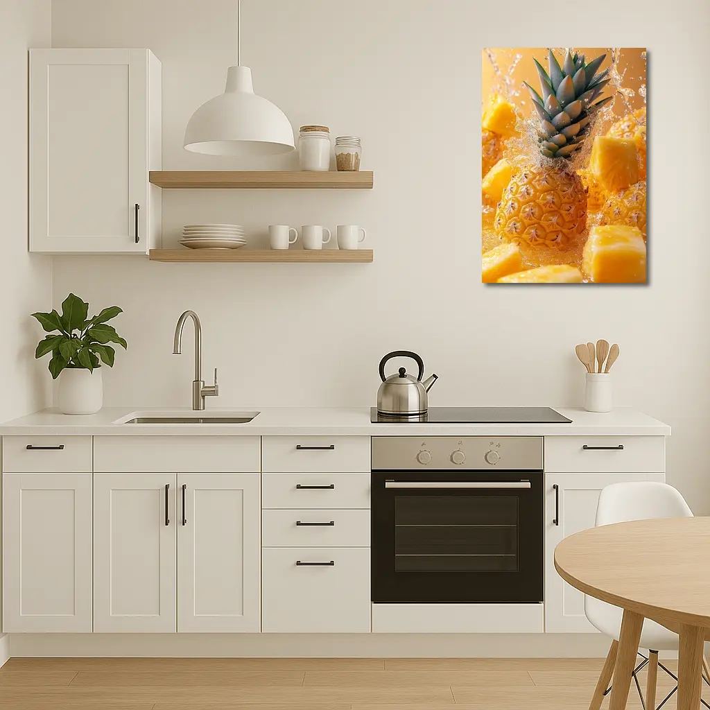 Fresh Pineapple Chunks Water Splash Yellow Background – Wall Art