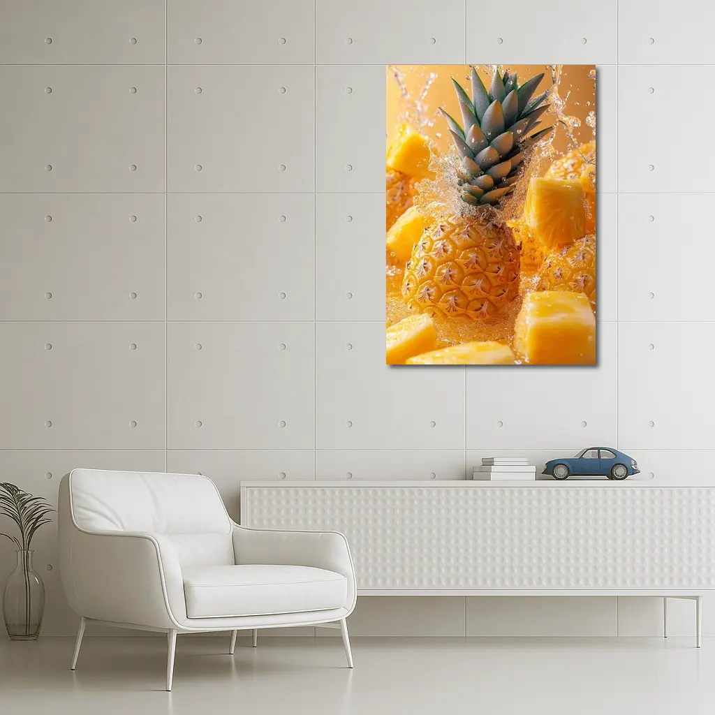 Fresh Pineapple Chunks Water Splash Yellow Background – Wall Art