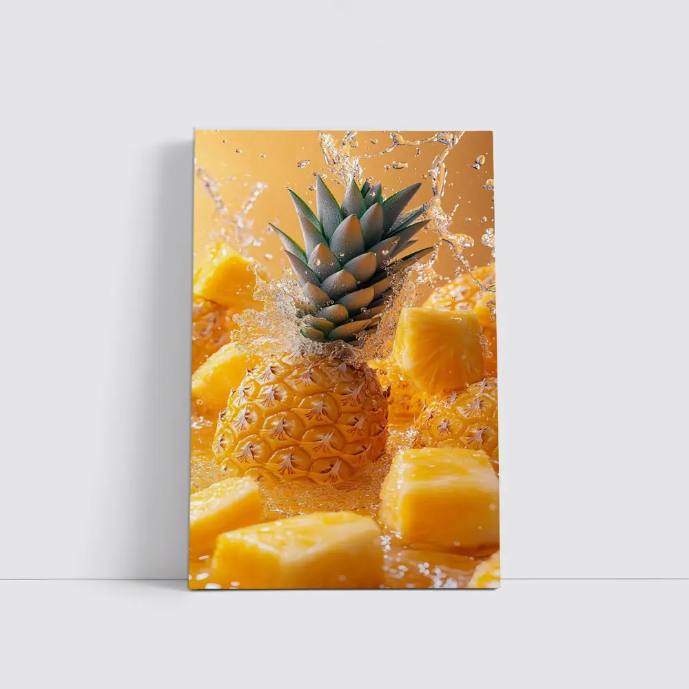 Fresh Pineapple Chunks Water Splash Yellow Background – Wall Art