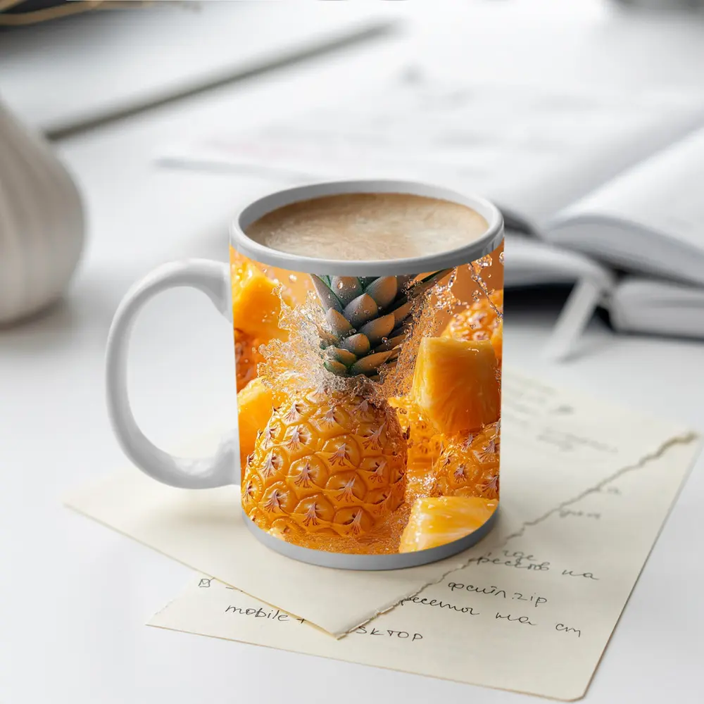 Fresh Pineapple Chunks Water Splash Yellow Background – Mugs