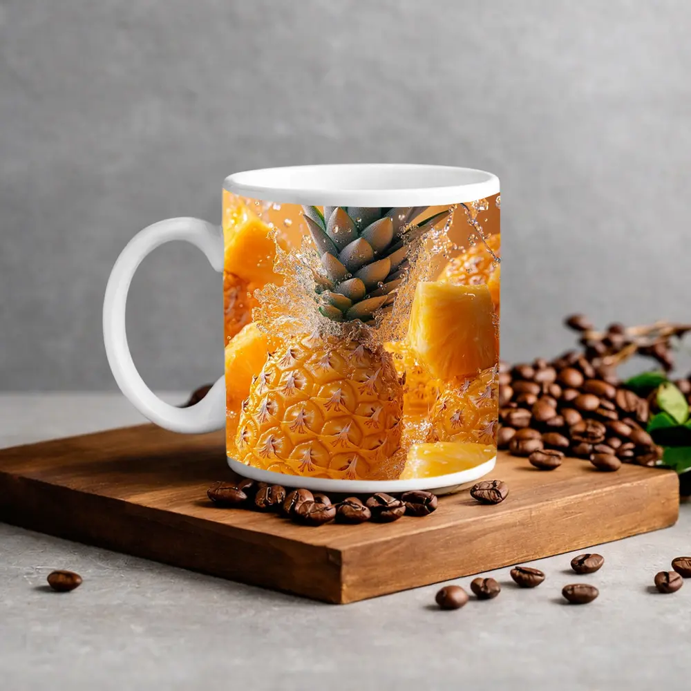 Fresh Pineapple Chunks Water Splash Yellow Background – Mugs