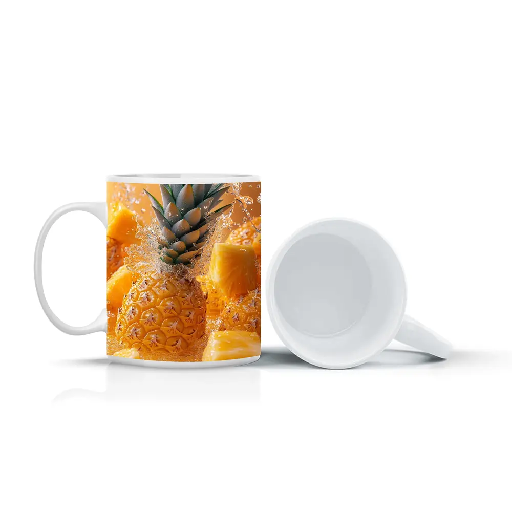 Fresh Pineapple Chunks Water Splash Yellow Background – Mugs