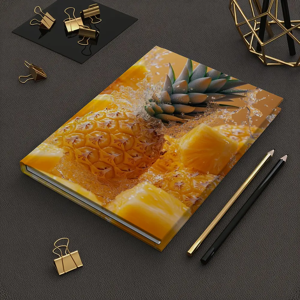 Fresh Pineapple Chunks Water Splash Yellow Background – Notebooks
