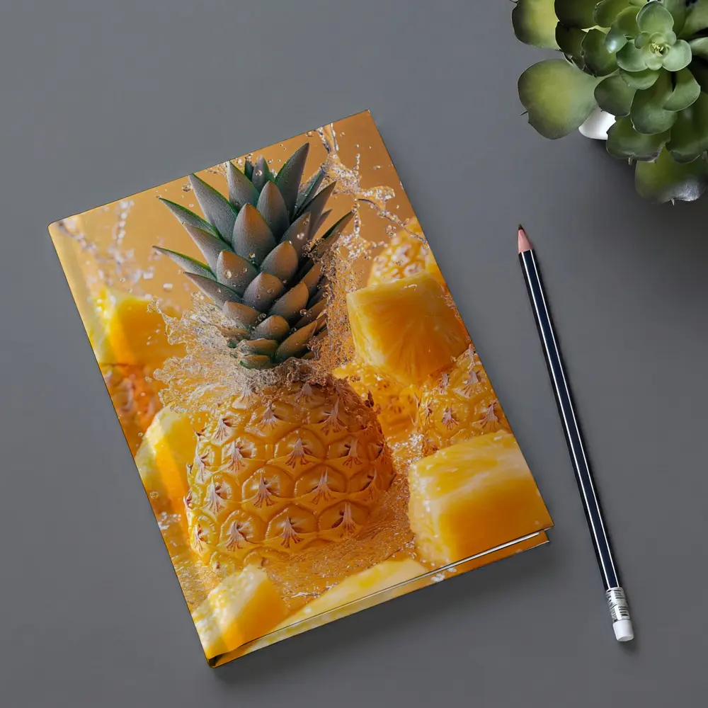 Fresh Pineapple Chunks Water Splash Yellow Background – Notebooks