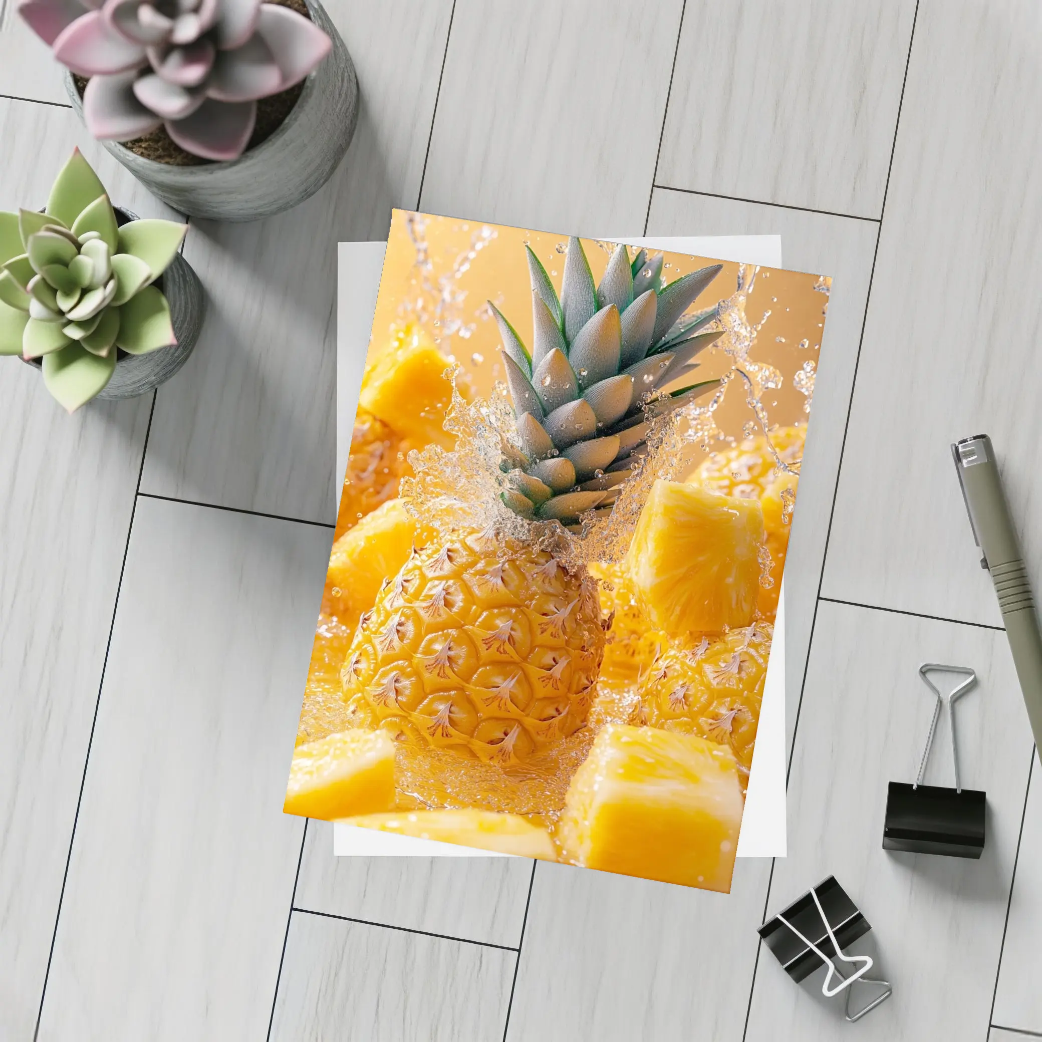 Fresh Pineapple Chunks Water Splash Yellow Background – Postcards