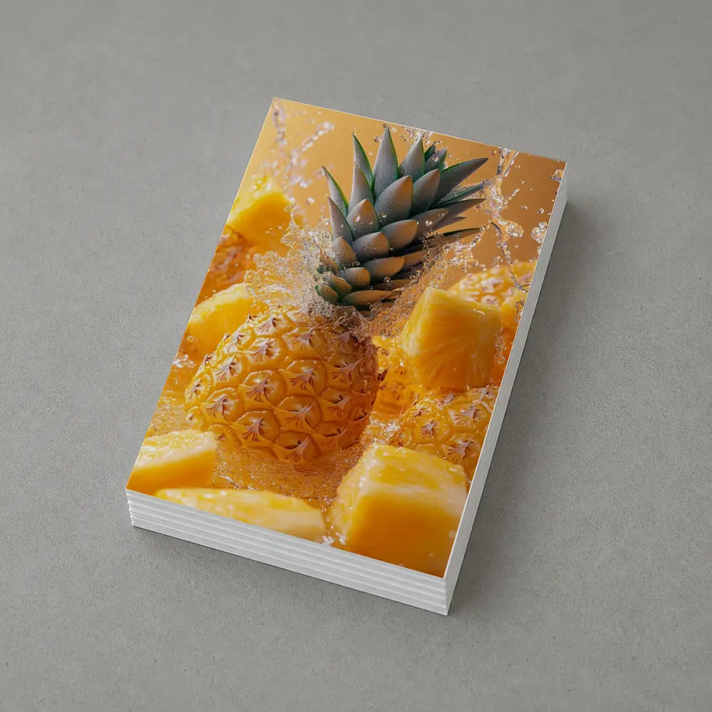 Fresh Pineapple Chunks Water Splash Yellow Background – Postcards