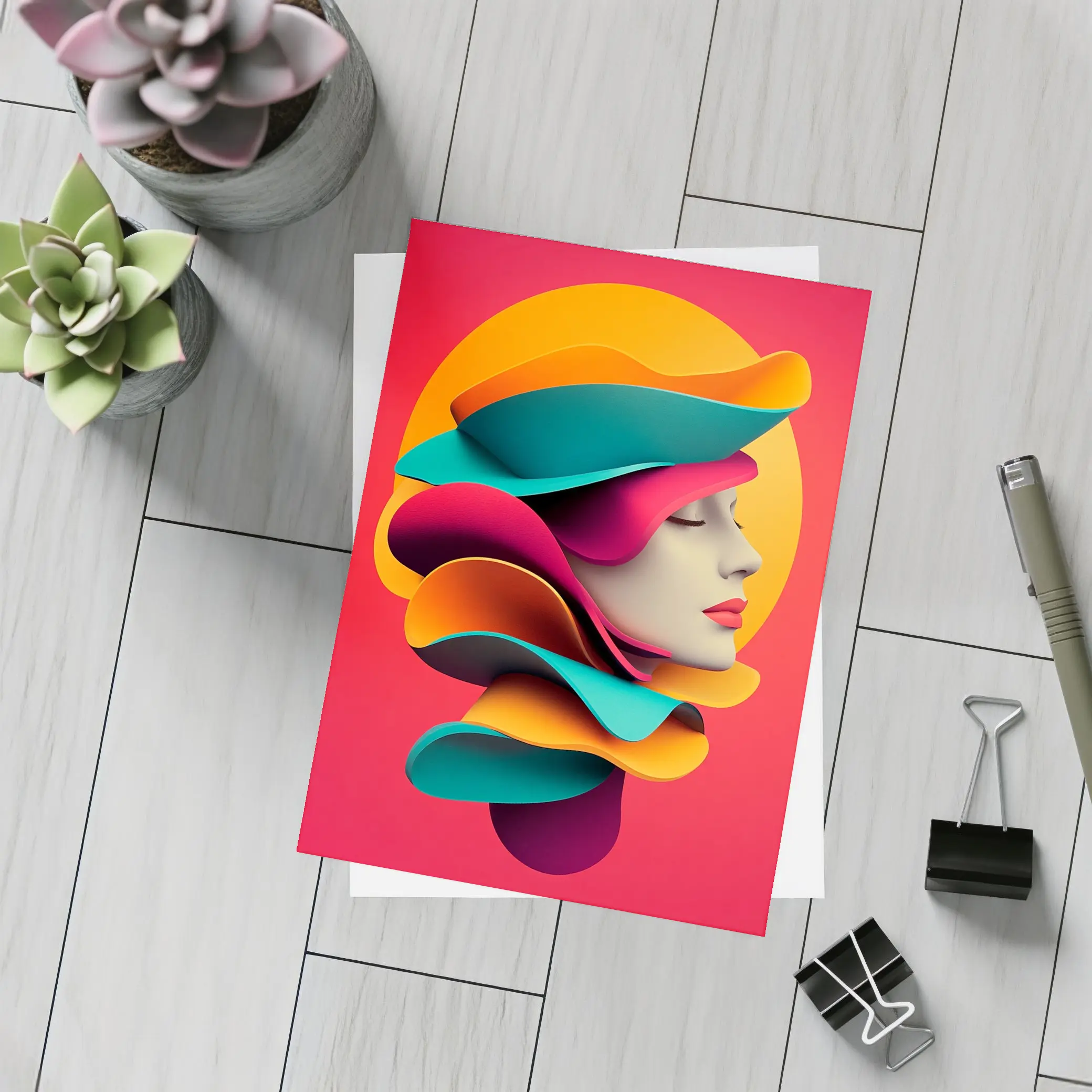 Colorful 3D Woman Face Abstract Art – Postcards