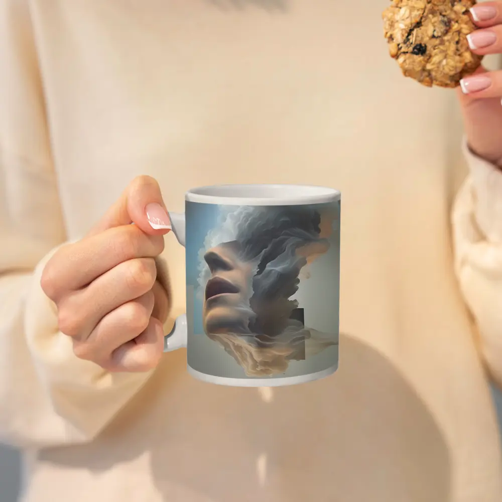 Surreal Female Face Dissolving Into Clouds – Mugs