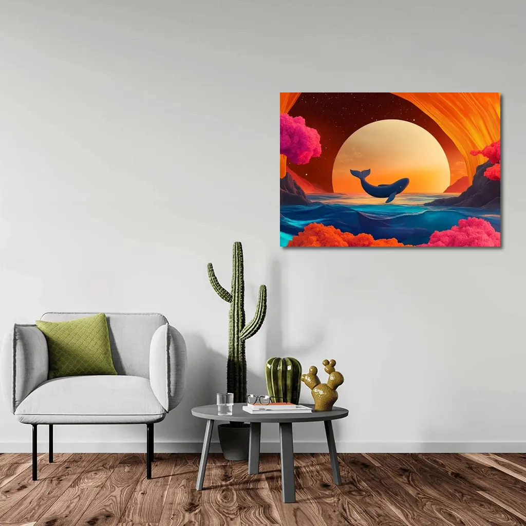 Whale Leaping Over Surreal Ocean Sunset – Wall Art