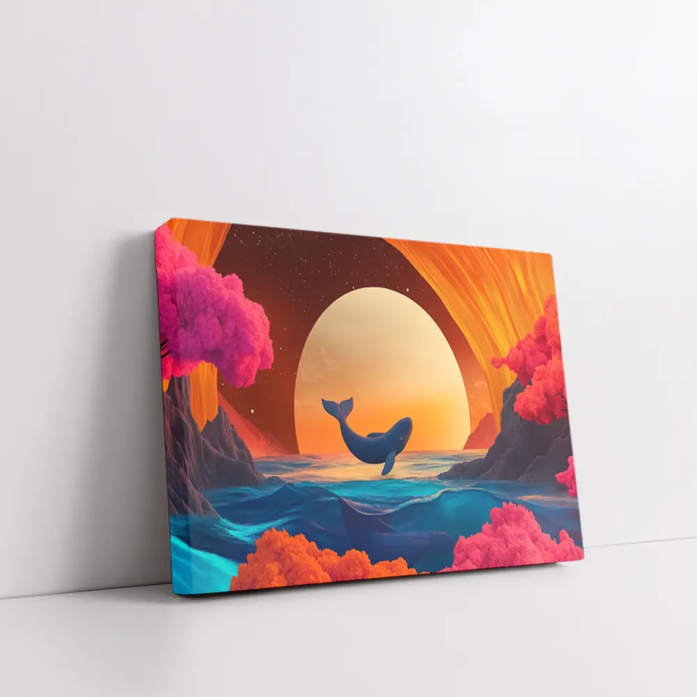 Whale Leaping Over Surreal Ocean Sunset – Wall Art