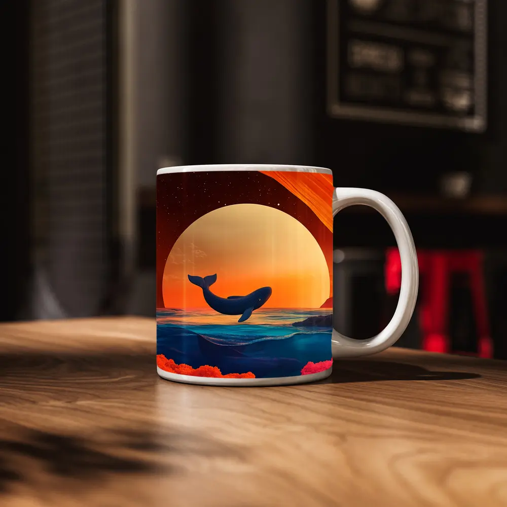 Whale Leaping Over Surreal Ocean Sunset – Mugs