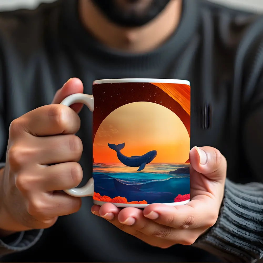 Whale Leaping Over Surreal Ocean Sunset – Mugs