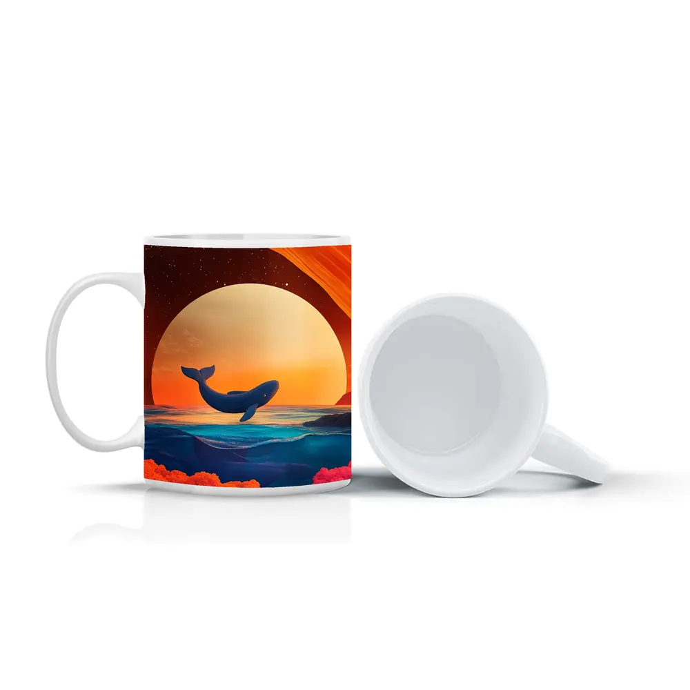 Whale Leaping Over Surreal Ocean Sunset – Mugs