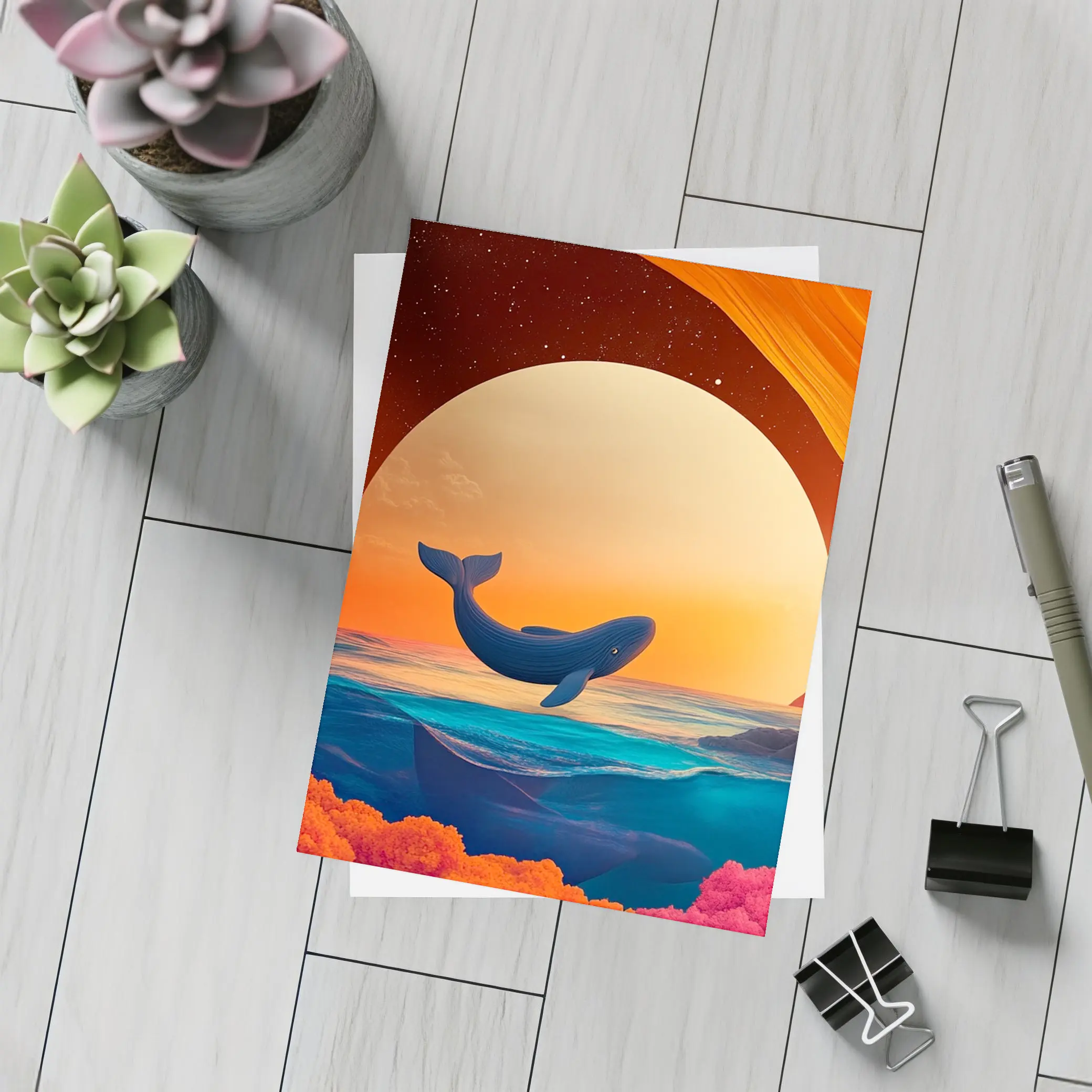 Whale Leaping Over Surreal Ocean Sunset – Postcards