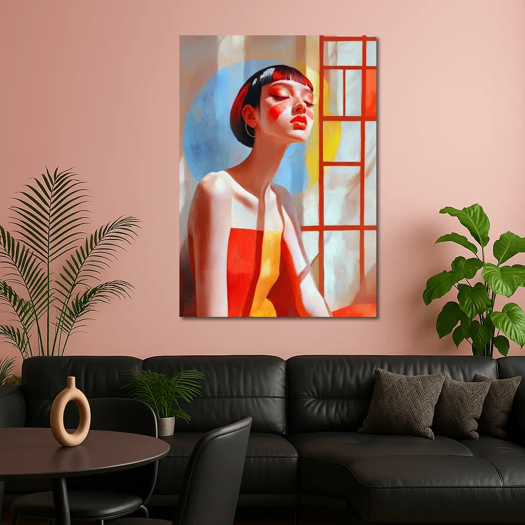 Asian Woman Portrait Red Dress Window Light – Wall Art