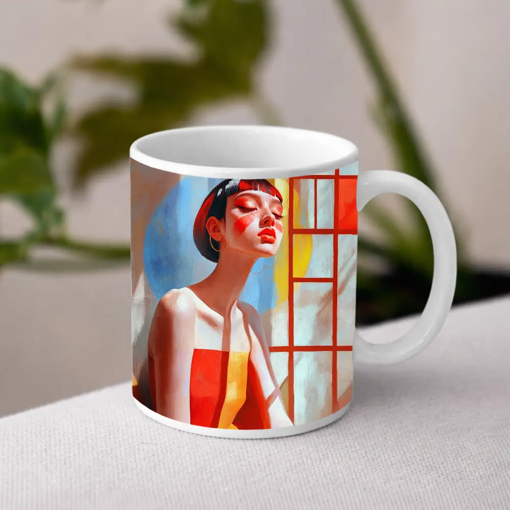 Asian Woman Portrait Red Dress Window Light – Mugs