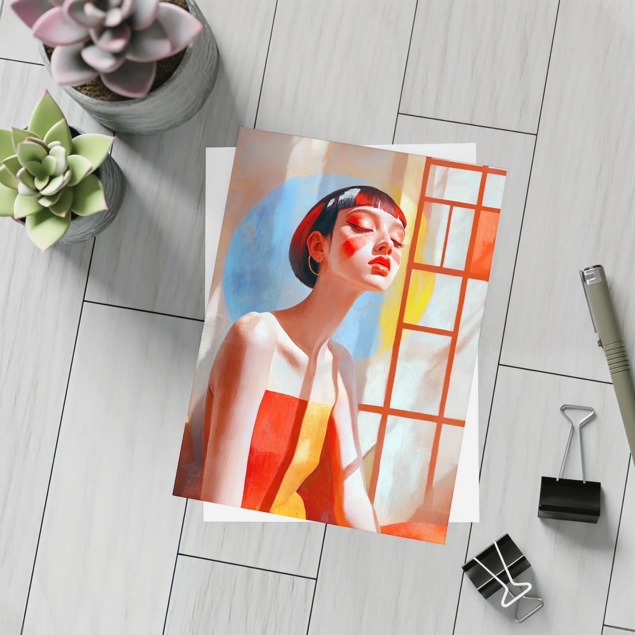 Asian Woman Portrait Red Dress Window Light – Postcards