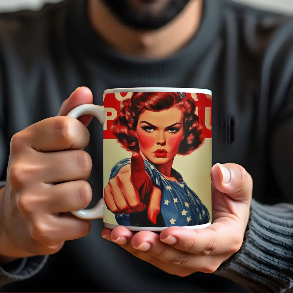 Retro American Woman Pointing Patriotic Art – Mugs