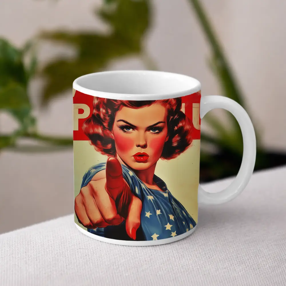 Retro American Woman Pointing Patriotic Art – Mugs