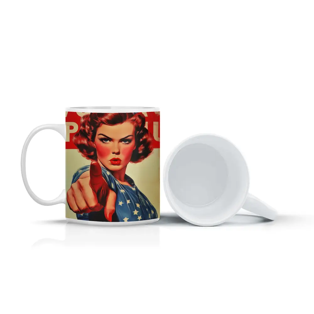 Retro American Woman Pointing Patriotic Art – Mugs