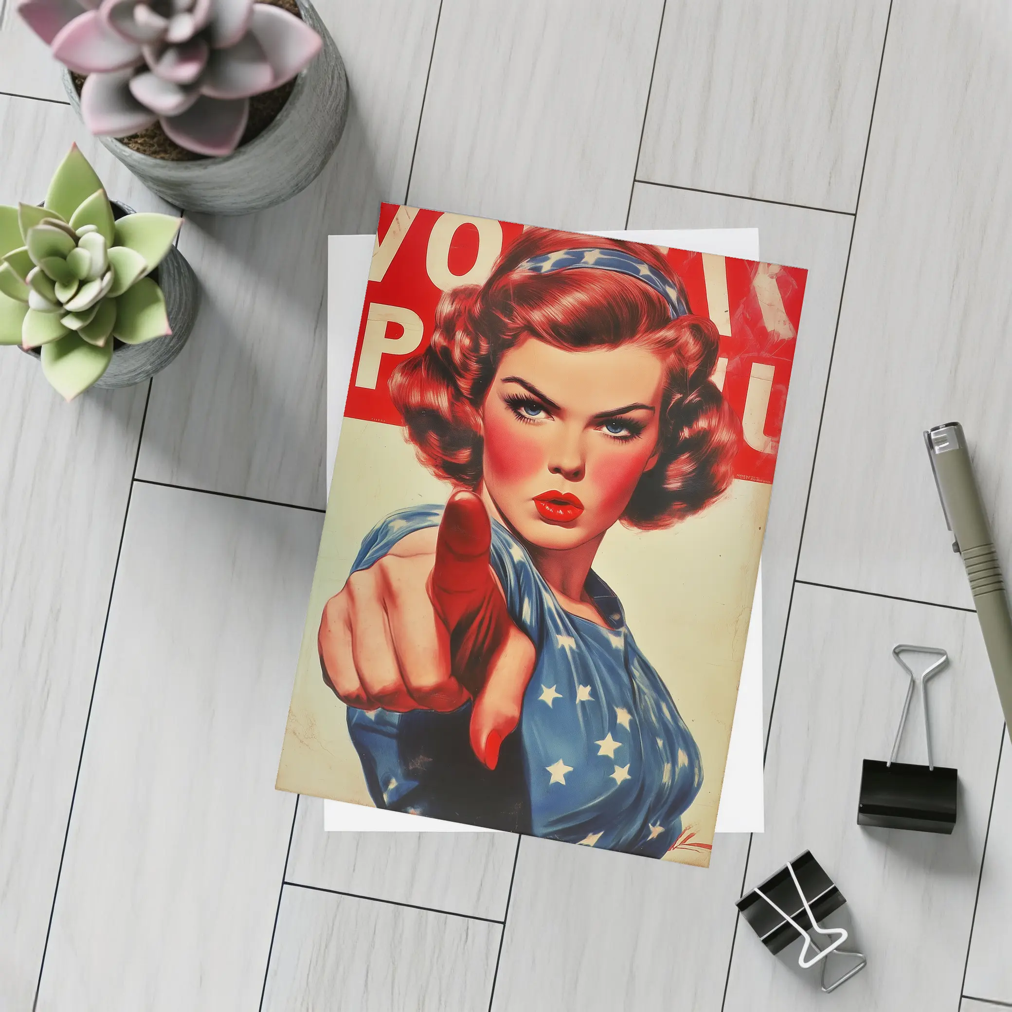 Retro American Woman Pointing Patriotic Art – Postcards