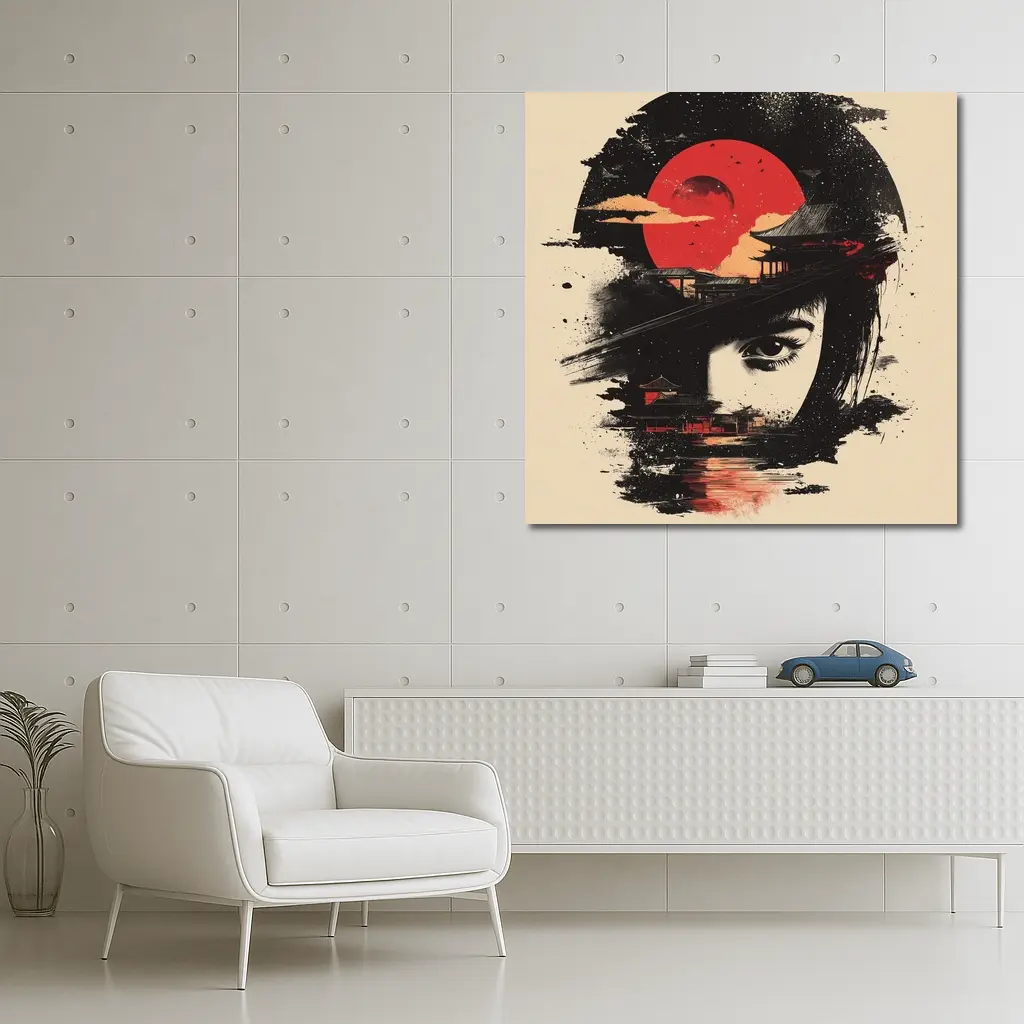 Japanese Woman Red Sun Temple Night – Wall Art