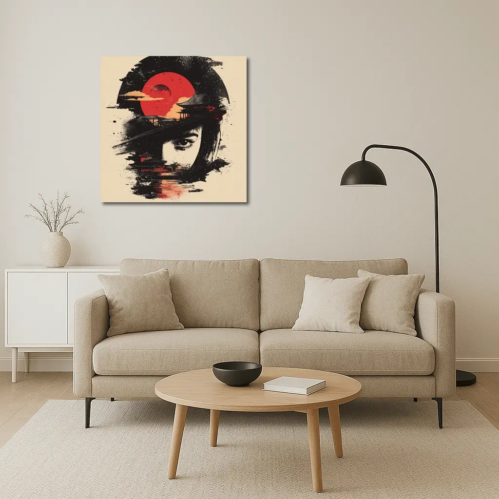 Japanese Woman Red Sun Temple Night – Wall Art