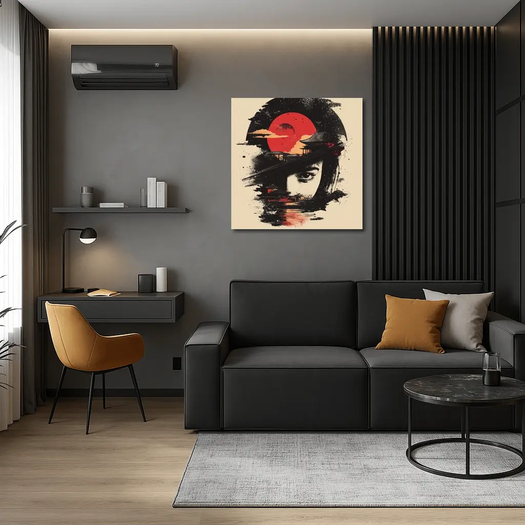 Japanese Woman Red Sun Temple Night – Wall Art