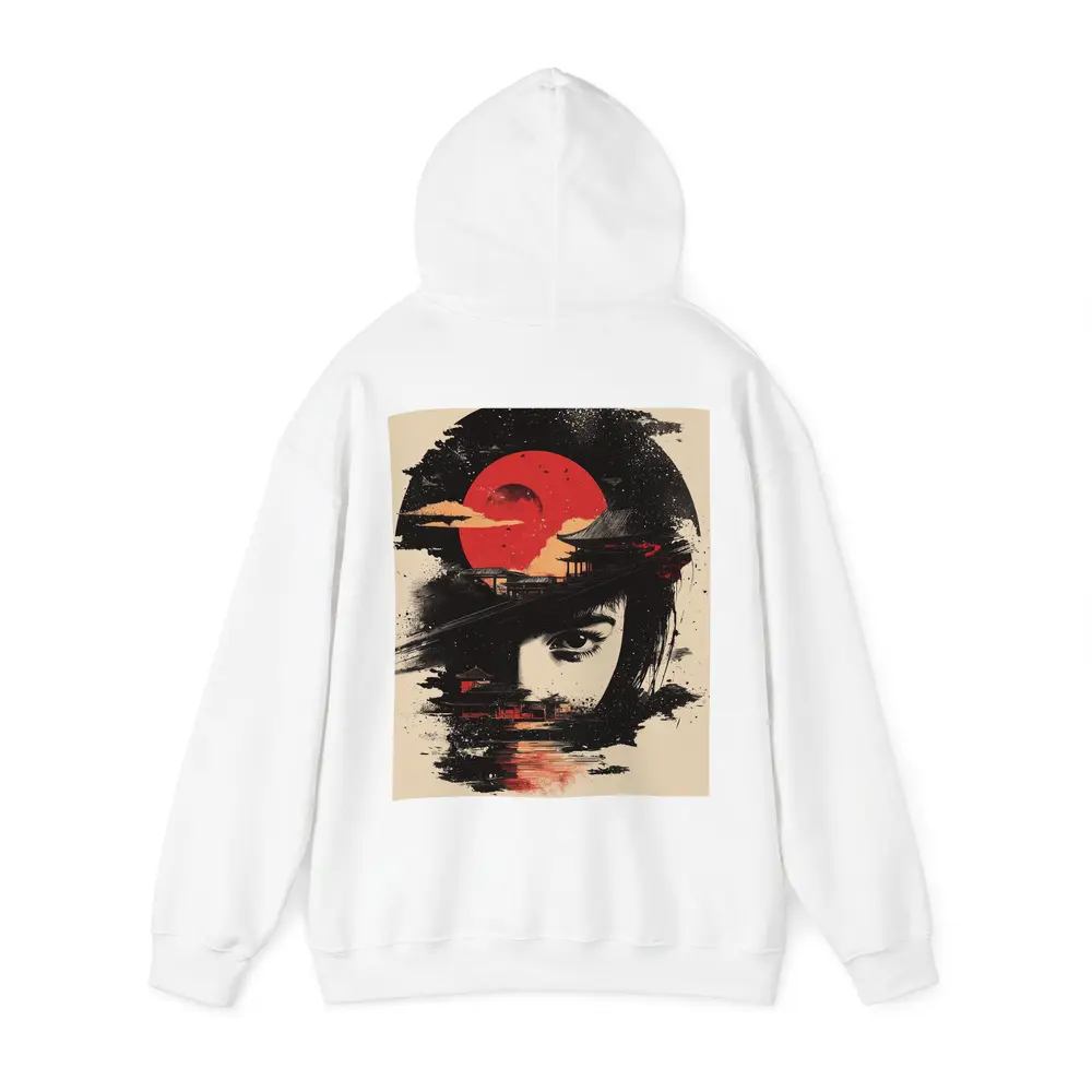 Japanese Woman Red Sun Temple Night – Hoodies