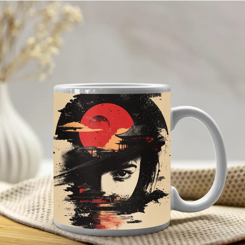 Japanese Woman Red Sun Temple Night – Mugs