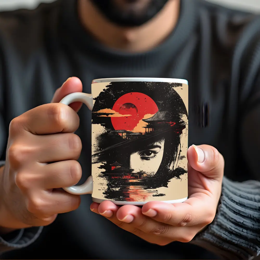 Japanese Woman Red Sun Temple Night – Mugs