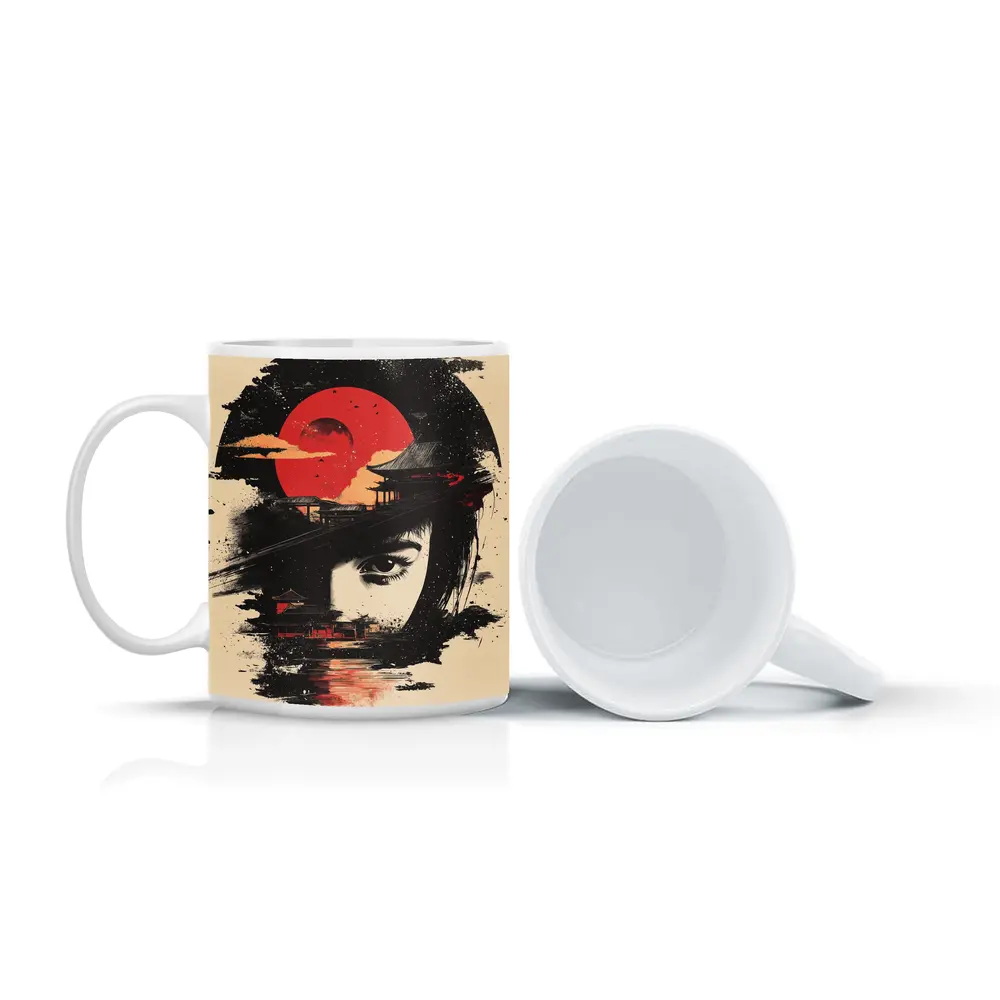 Japanese Woman Red Sun Temple Night – Mugs
