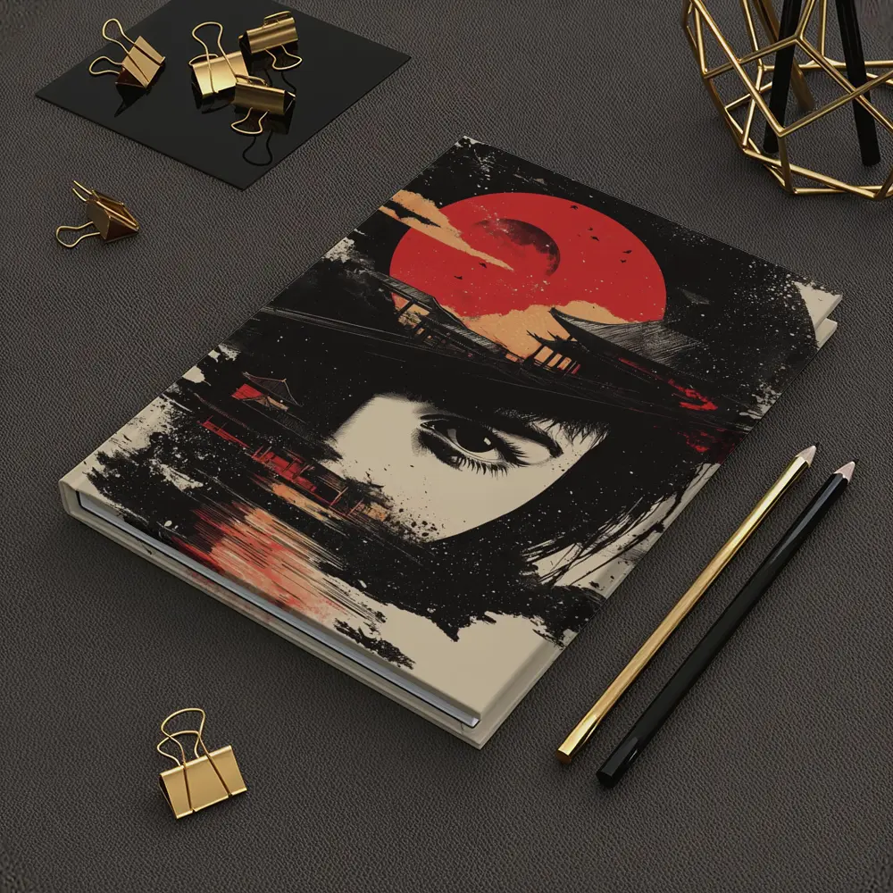 Japanese Woman Red Sun Temple Night – Notebooks