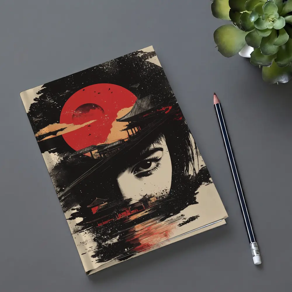 Japanese Woman Red Sun Temple Night – Notebooks