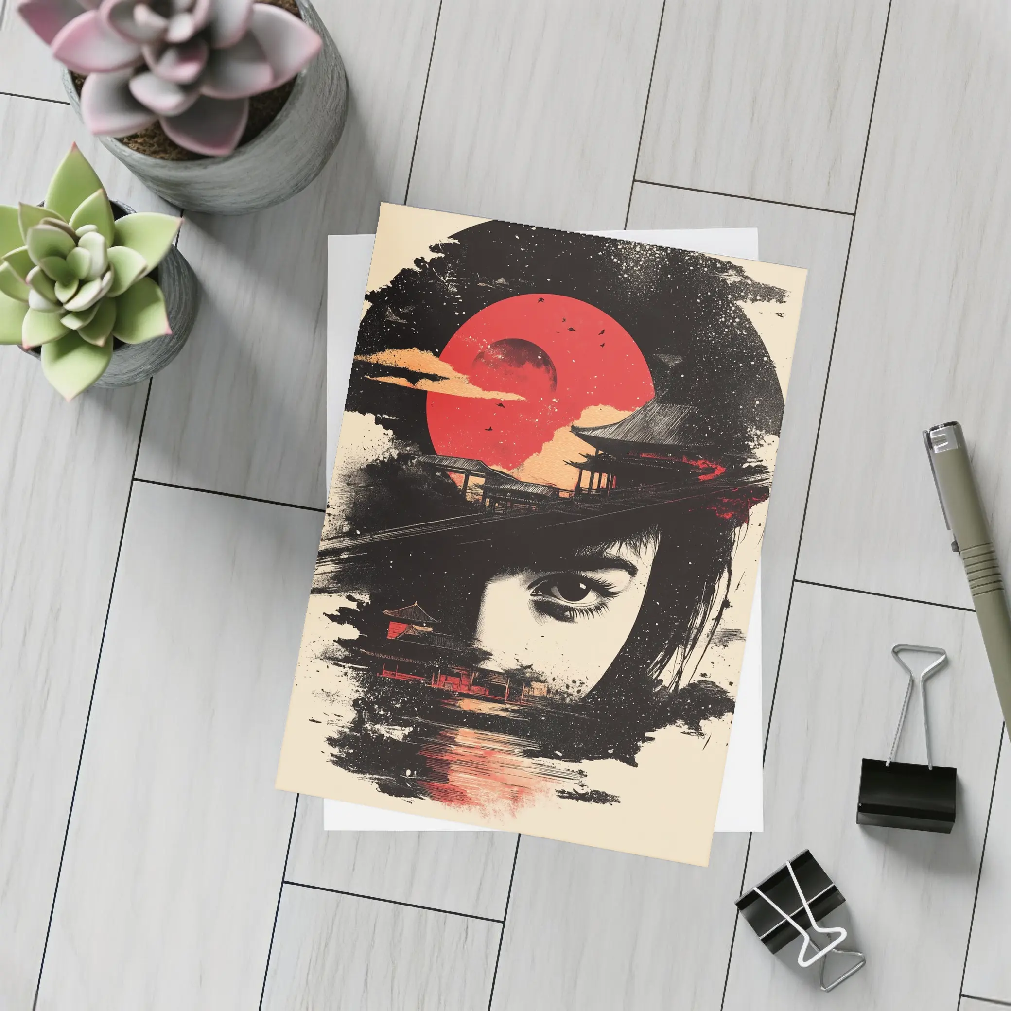 Japanese Woman Red Sun Temple Night – Postcards
