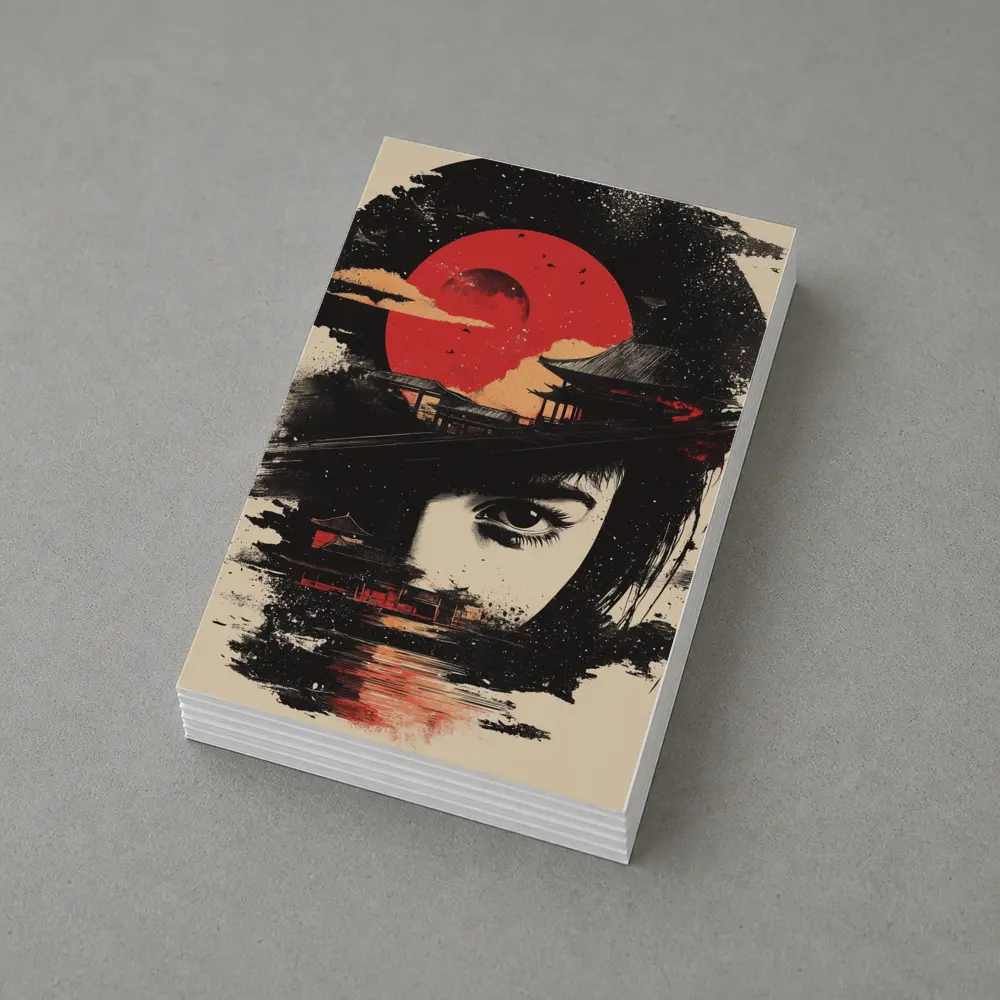 Japanese Woman Red Sun Temple Night – Postcards