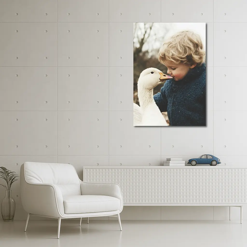 Child Kissing White Goose Outdoors – Wall Art