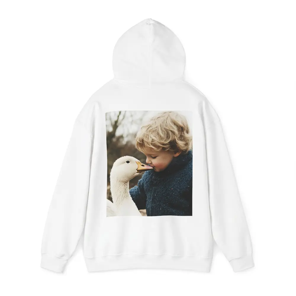 Child Kissing White Goose Outdoors – Hoodies