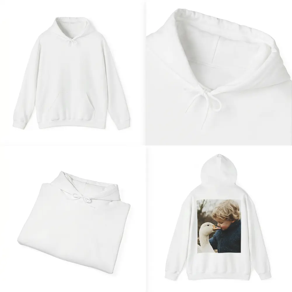 Child Kissing White Goose Outdoors – Hoodies