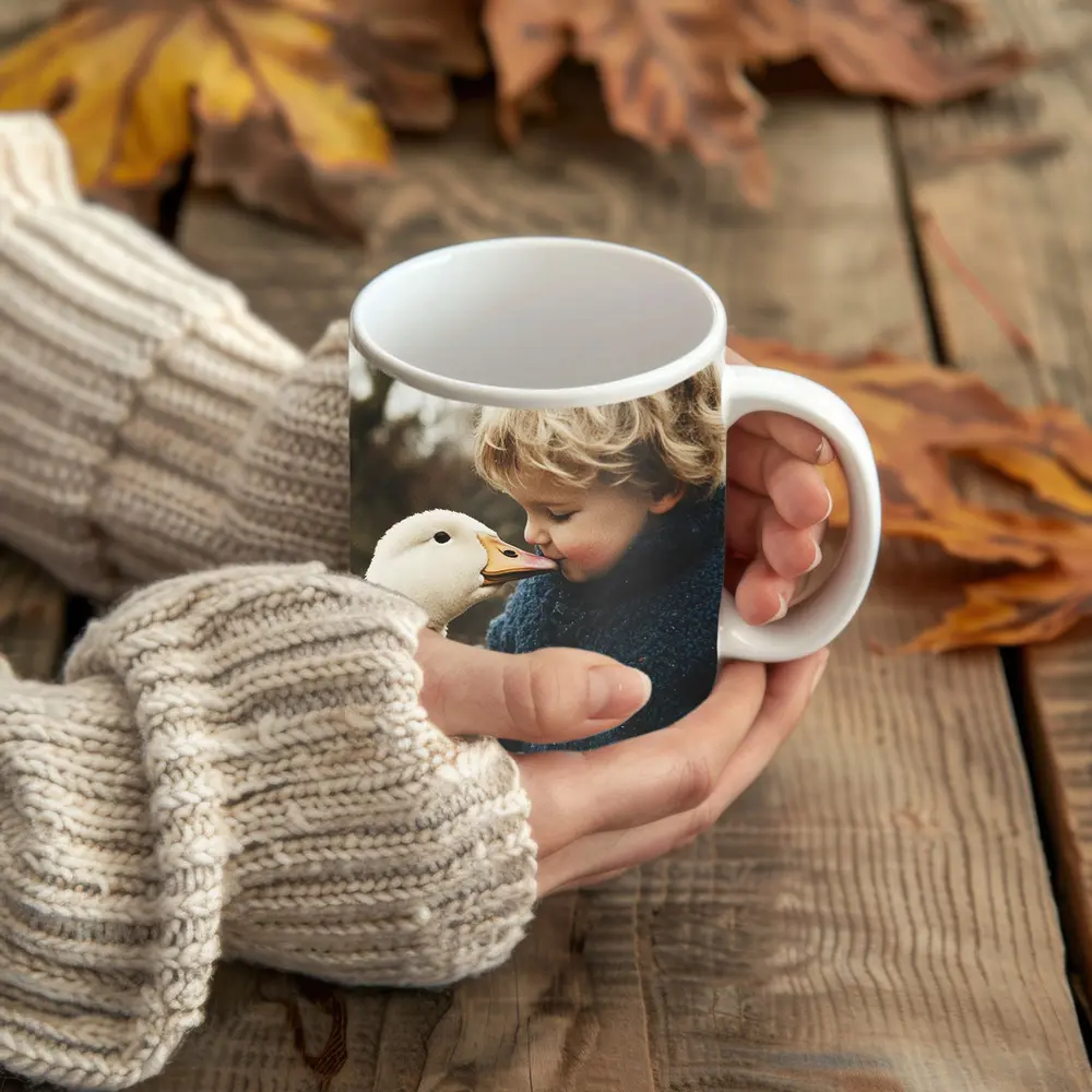 Child Kissing White Goose Outdoors – Mugs