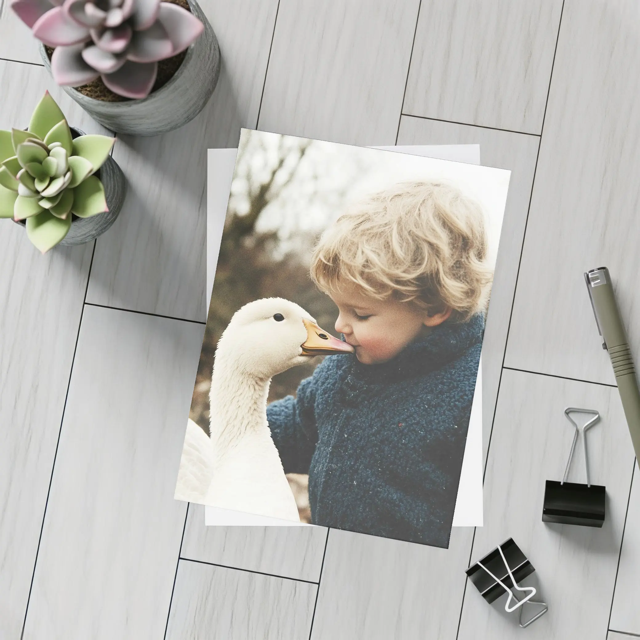 Child Kissing White Goose Outdoors – Postcards