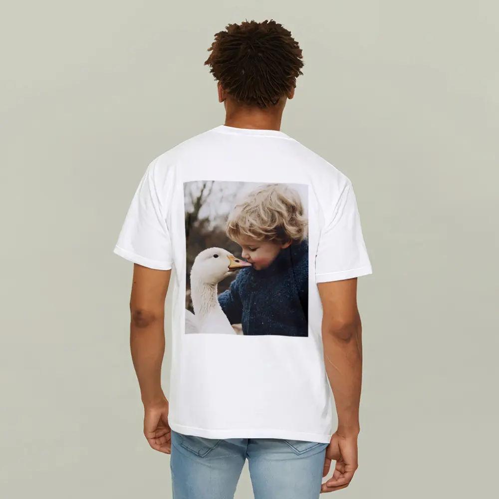 Child Kissing White Goose Outdoors – T-Shirts