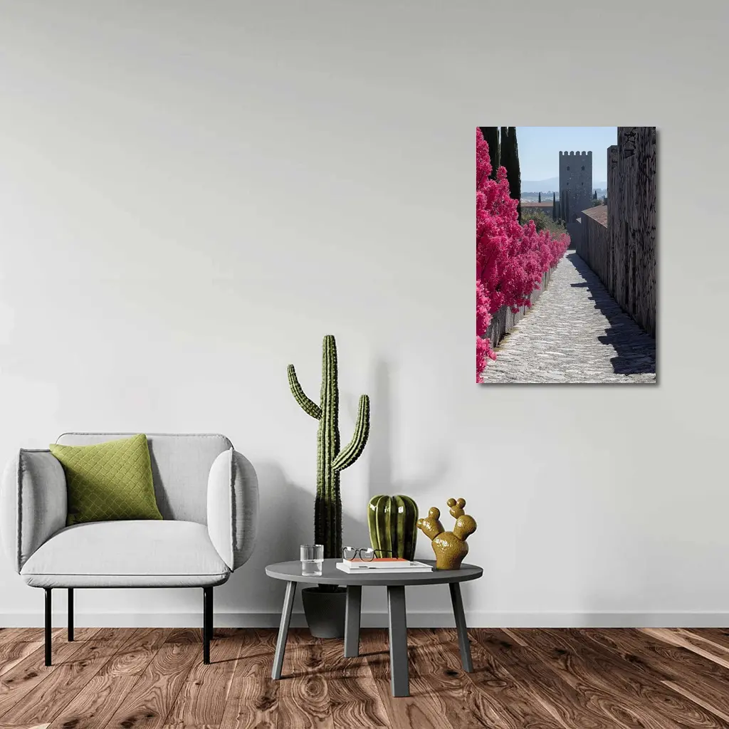 Medieval Castle Tower Pink Bougainvillea Pathway – Wall Art