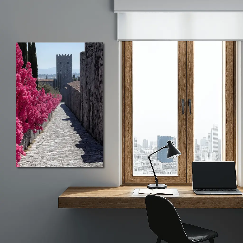 Medieval Castle Tower Pink Bougainvillea Pathway – Wall Art
