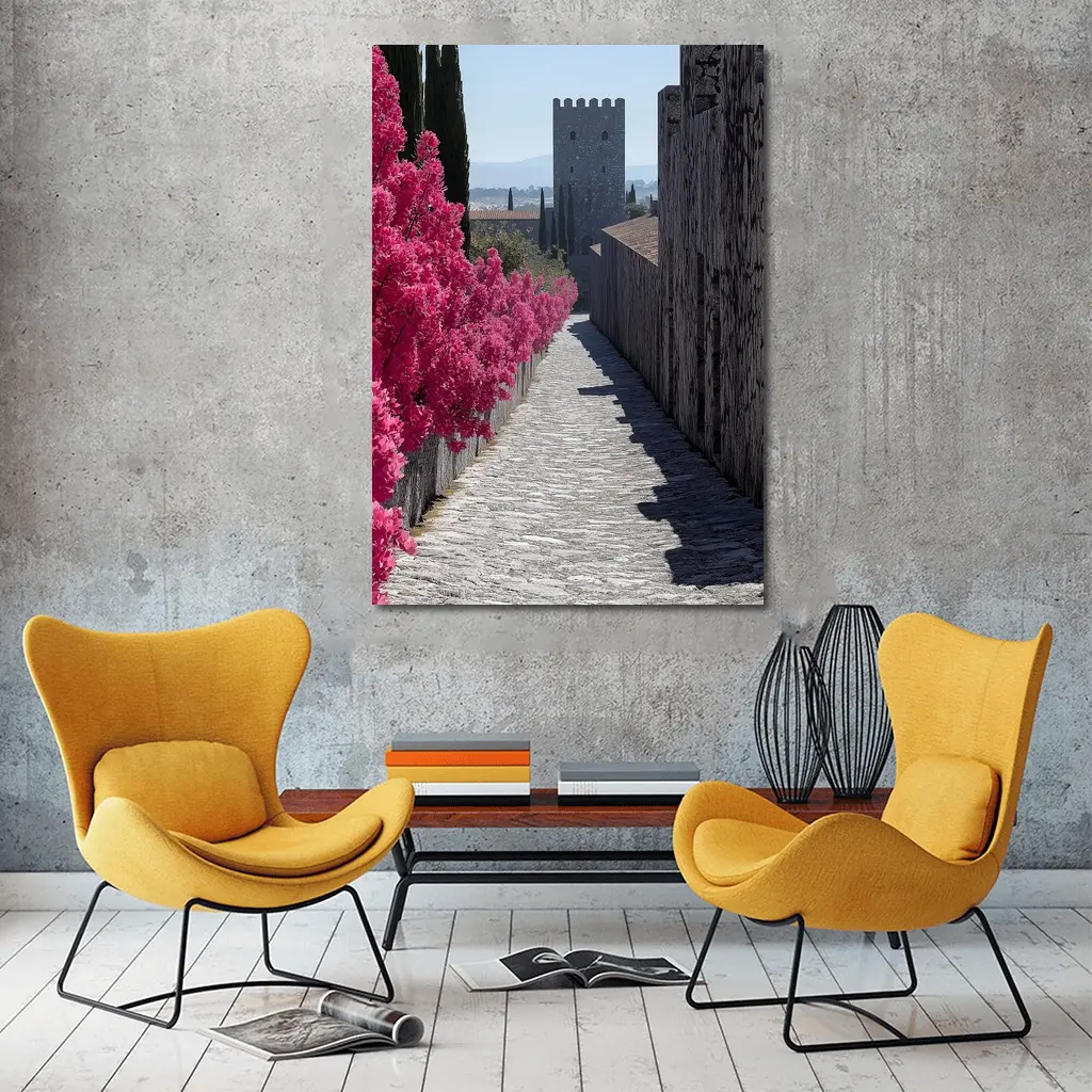 Medieval Castle Tower Pink Bougainvillea Pathway – Wall Art