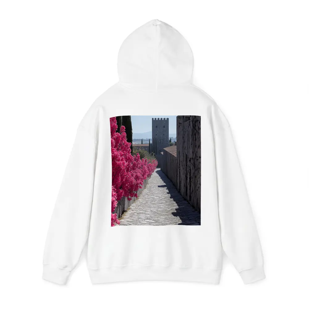 Medieval Castle Tower Pink Bougainvillea Pathway – Hoodies