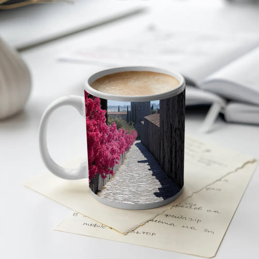 Medieval Castle Tower Pink Bougainvillea Pathway – Mugs