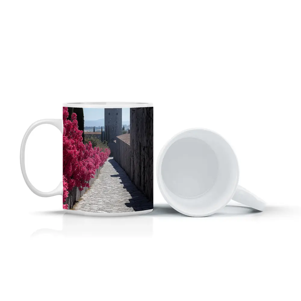 Medieval Castle Tower Pink Bougainvillea Pathway – Mugs