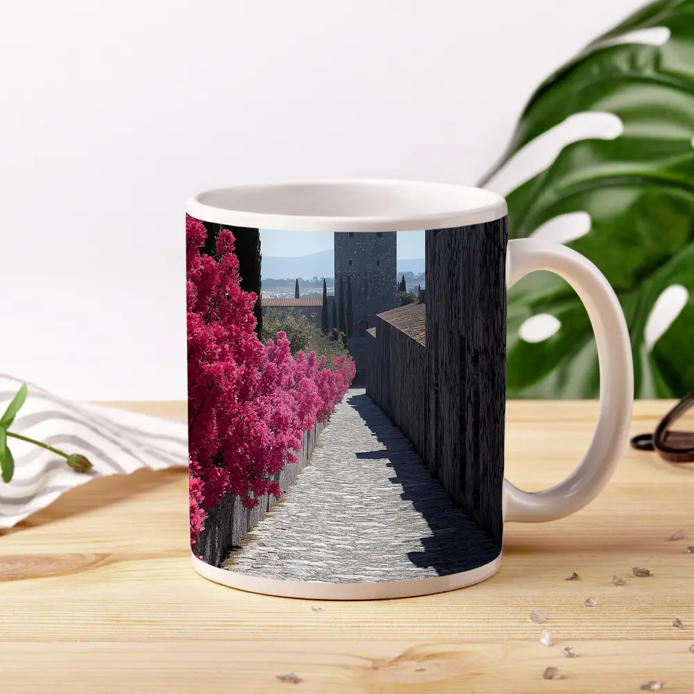 Medieval Castle Tower Pink Bougainvillea Pathway – Mugs